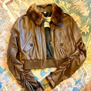 BURBERRY London Brown Lambskin Leather and Rabbit Fur Trim Bomber Jacket